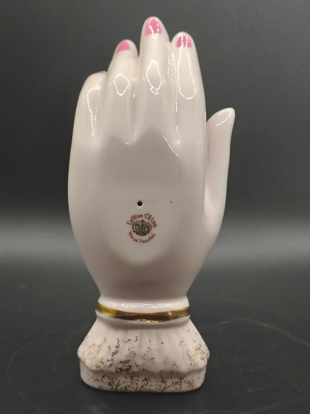 Lefton Porcelain Hand Ring Holder with Pink Rose Accent